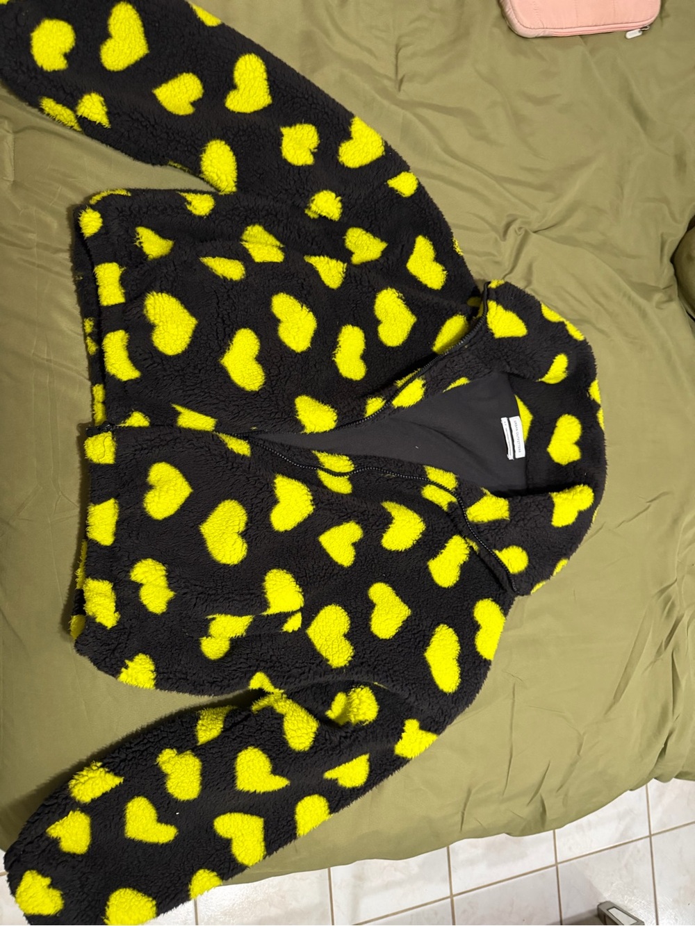Urban Outfitters Black Sherpa Hoodie with Bright Yellow Heart Print